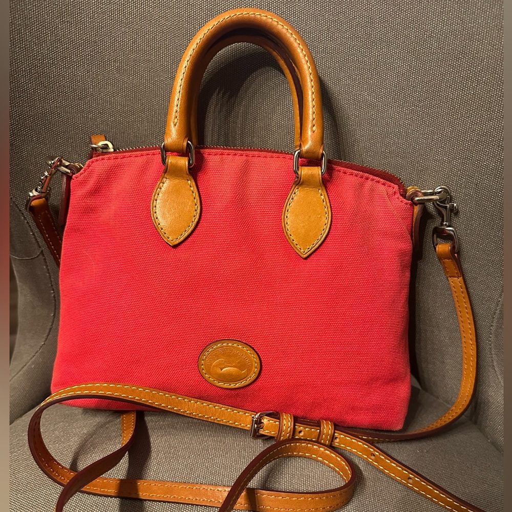 Vintage Dooney & Bourke Red Canvas Crossbody Satchel with long leather strap